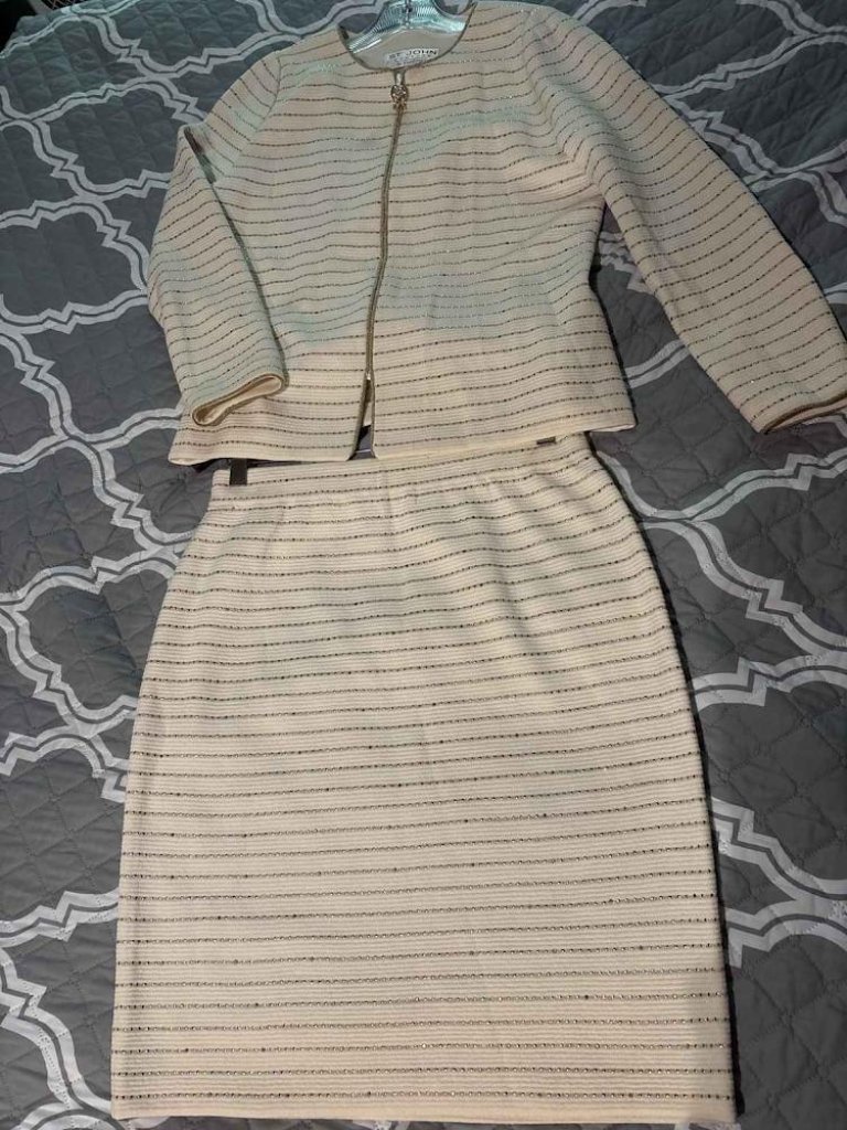Vtg St. John Couture Cream Gold Sequin Shimmer Knit Jacket Skirt Suit Set 6